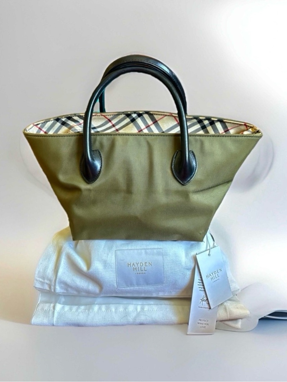 Burberry Blue Label Olive Green Nylon Mini Tote Bag with Nova Check & Dust Bag - Picture 1 of 15